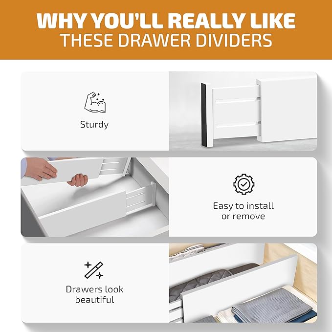 6-Pack Drawer Dividers 4 Inch High, 11”-17" Adjustable Bamboo Organizers Large Expandable Drawer Separators for Cloths, Dresser, Bedroom, Bathroom, Baby Drawer, Office & Kitchen Utensils (White)