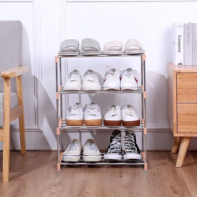 Jucaifu Stackable Small Shoe Rack, Entryway, Hallway and Closet Space Saving Storage and Organization (4-Tier, Pink)