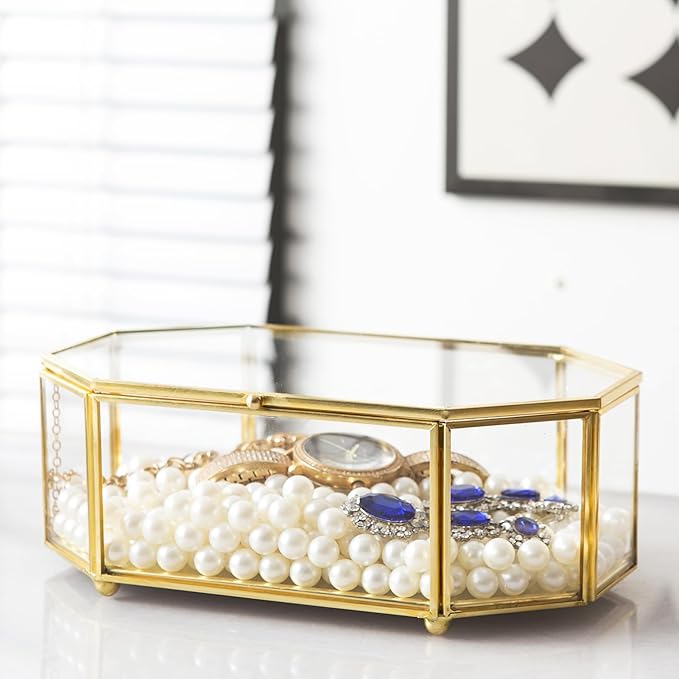 Glass Keepsake Organizer - Vintage Octagon Lidded Gold Home Decor Accent Box for Storage Rings, Bracelets