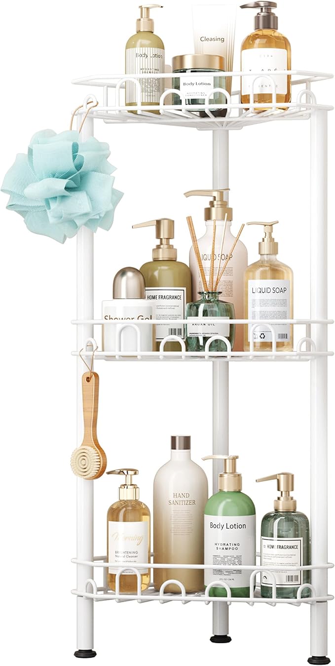 SWTYMIKI Standing Shower Caddy Corner - 3‑Tier Stainless Steel Shower Organizer Shelf with 12 Hooks and Adhesive Pads, Rustproof Corner Shelves Stand Rack for Bathroom Shower Room, white