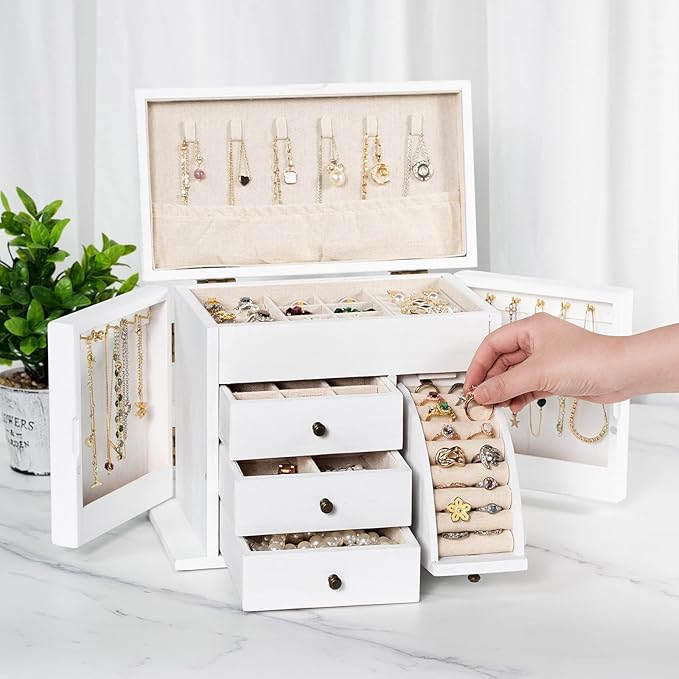 Poyilooo Jewelry Box Organizer, Solid Wood Jewelry Boxes for Women for Storage & Display Necklace Ring Earring Bracelet, Rustic Style Jewelry Organizer Box for Women Gifts (Weathered White)
