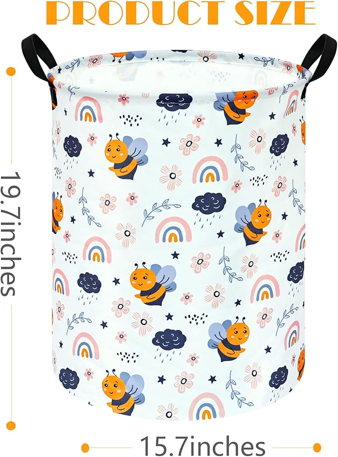 MAIZMZ Rainbow Bee Print Canvas Laundry Basket,Waterproof Storage Bin with Handles 15.7" D×19.7" H Foldable Toy Organizer Decor Gift Basket for Kids' Bedroom & Home Organization