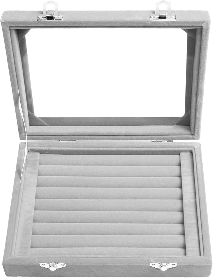Jewelry Box Rings Organizer Tray 7 Slots Velvet Jewelry Earring Storage Box With Transparent Lid Jewelry Display Case for Girls Women (Gray)