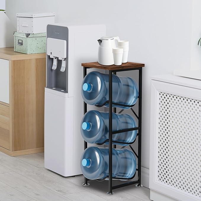 5 Gallon Water Jug Holder, 3-Tier Water Bottle Holder with Wood Top Shelf, Heavy Duty Water Cooler Jug Rack, Water Dispenser Storage Stand for Kitchen Office and Living Room