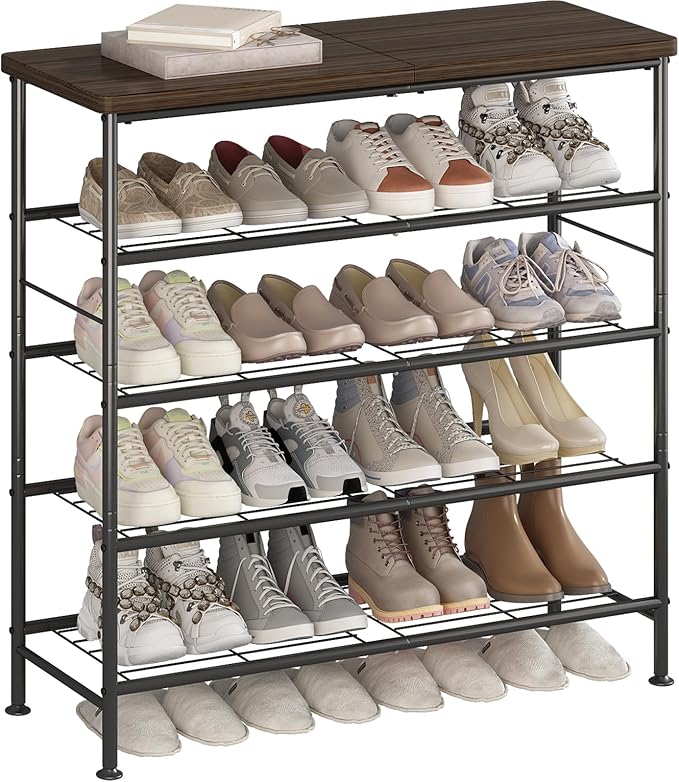 SUOERNUO Shoe Rack Organizer 5 Tier for Closet Entryway Free Standing Metal Storage Shoe Shelf with MDF Top Board,Black+Rustic Brown