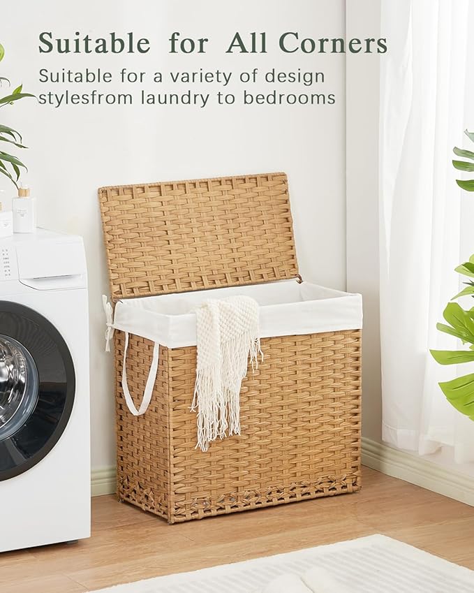SETVSON Laundry Hamper with Lid Laundry Basket 132 L (35 Gal) Wicker Clothes Hamper, Handwoven Rattan Hamper with Handles and 4 Removable Liner Bags, 6 Mesh Bags for Laundry Bedroom Natural