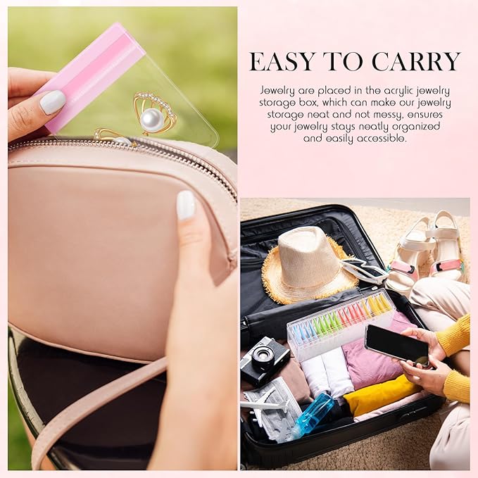Kenning 63 Pcs Acrylic Jewelry Case Organizer, Clear Jewelry Organizers Holder with Portable Anti Tarnish Storage Bags for Rings, Earrings, Necklaces, Ideal Gifts for Women (Four Color Mixture)