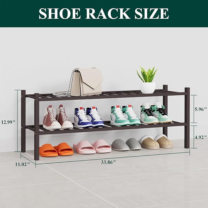 Smiry Shoe Rack, 2 Tier Thick Long Bamboo Shoe Organizer, Stackable Free Standing Wooden Shoe Storage Shelf for Closet, Entryway, Front Door Entrance, Brown