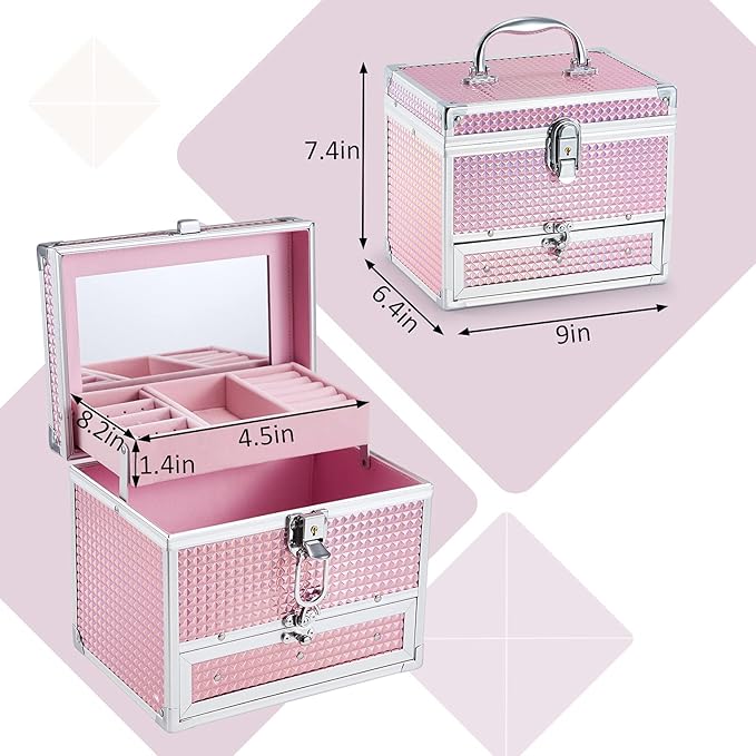 Hododou Girls Jewelry Box Organizer with Drawer & Mirror, Shiny Pink Style Lockable Storage Case for Kid or Little Girls Jewelry and Hair Accessories