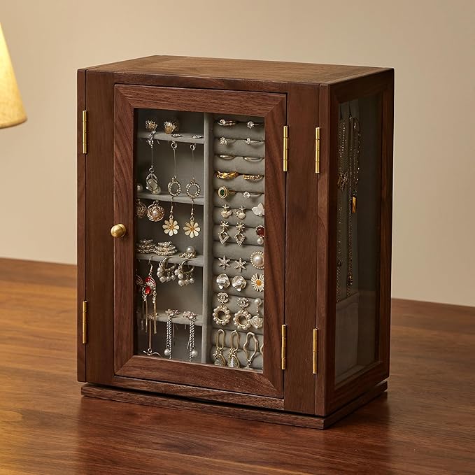 Wooden Jewelry Box for Women, 360 Rotating Design,Large Jewelry Organizer with Velvet Lining, 5 Drawers, Transparent Glass Doors, Black Walnut Wood Grain, Jewelry Storage Organizer