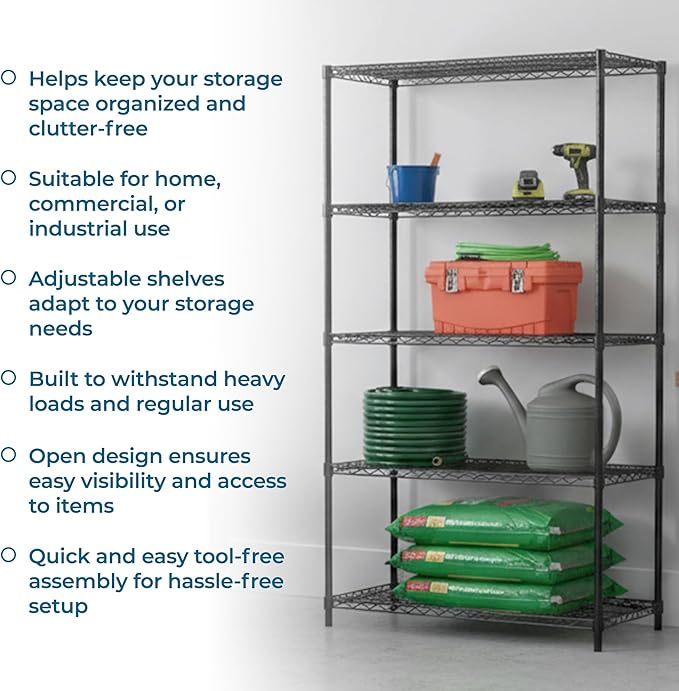 Honey-Can-Do 5-Tier Heavy Duty Adjustable Shelving Unit, 800-lb Per Shelf Metal Storage Rack, Industrial Strength Wire Shelf for Garage Workshop Warehouse, Black, 42 x 18 x 72 in