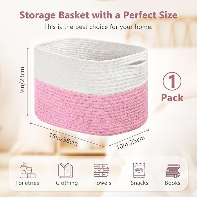 ECDYQXVU Cotton Rope Shelf Storage Basket, 15x10x9 in, Shelf Storage Baskets for Clothes, Towels, Books, Laundry (White/ Pink, 1 Pack)