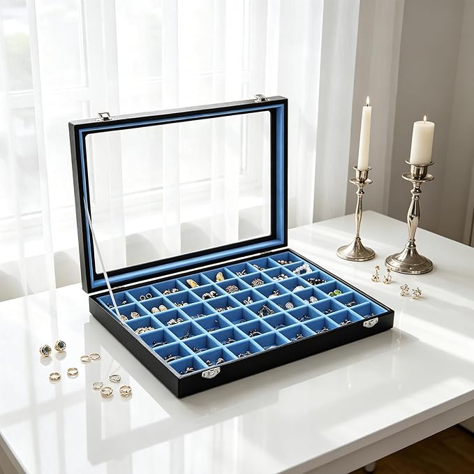 Stratalife Jewelry Organizer 48 Grid Jewelry Tray with Clear Lid Dust-proof Velvet Earring Organizer Necklace Rings Holder Display Drawer Storage Case for Women Blue Black