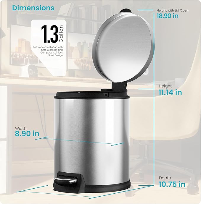 Home Zone Living 1.3 Gallon Bathroom Trash Can with Soft-Close Lid and Compact Stainless Steel Design