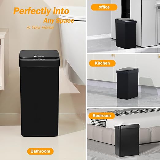 Black Bathroom Trash Can 2.6 Gallon Motion Sensor Trash Cans Automatic Touchless Garbage Bin Small Smart Trash Can for Bathroom,Kitchen, Toilet, Bedroom, RV