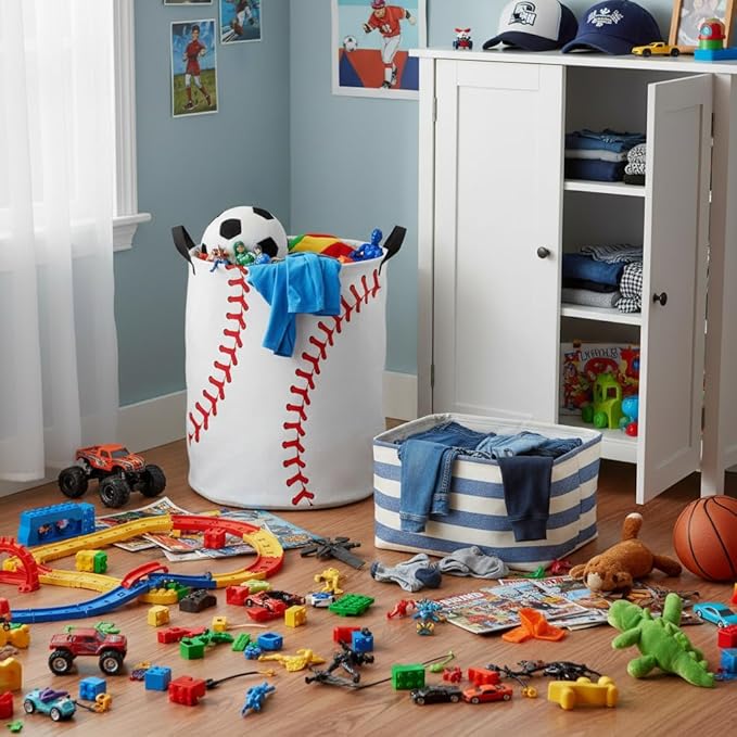 Baby Laundry Basket Baby Nursery Hamper Kids Laundry Basket Toy Storage Bin for Boys Room Decor Gift Baskets for Bedroom Bathroom(Baseball)