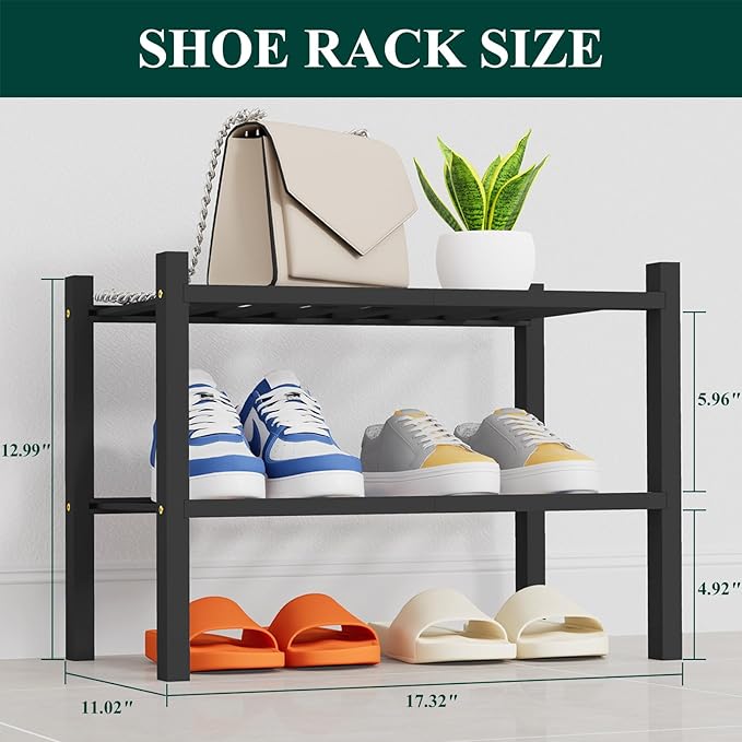 Smiry Shoe Rack, 2 Tier Thick Small Bamboo Shoe Organizer, Stackable Free Standing Wooden Shoe Storage Shelf for Closet, Entryway, Front Door Entrance, Black