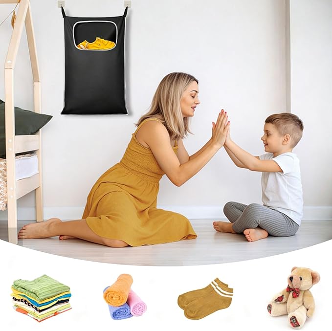 Over the Door Laundry Hamper, Hanging Laundry Hamper Bag with Wide Opening and Full-Length Zipper, Easy Storage & Access, Space Saving for Bathroom, Bedroom, Dorm, Travel (Black)