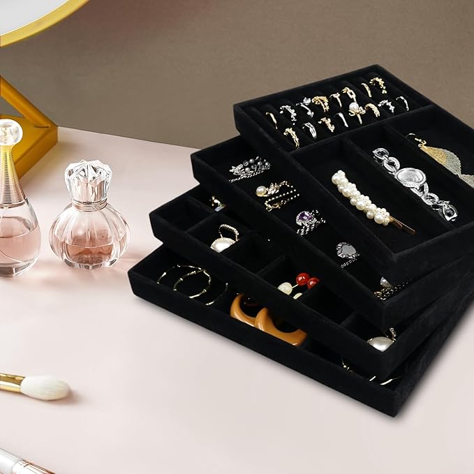 Cirhy 4 Stackable Jewelry Trays Organizer Set for Drawer, Jewelry Organizers and Display Case Storage, Velvet Drawer Inserts Organizer for Necklace Bracelets Earrings Organizer, Gift For Her, Black
