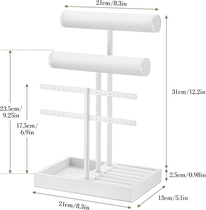 bussdis 3 Tier Bracelet Holder Display - Detachable T Bar Pure White Velvet Bracelet Holder, Jewelry Holder Organizer for Bracelet, Necklace, Earrings, Rings