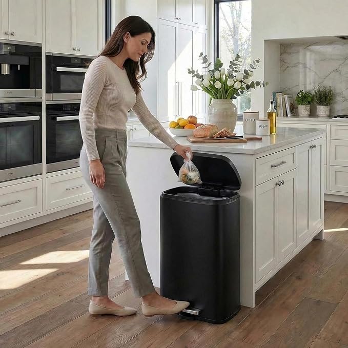 8 Gal Kitchen Trash Can, 30L Recycling or Garbage Bin, Brushed Stainless Steel Waste Basket, Soft&Quiet Close Dustbin, with Step-On Pedal, Removable Inner Bucket, for Home, Office, Living Room