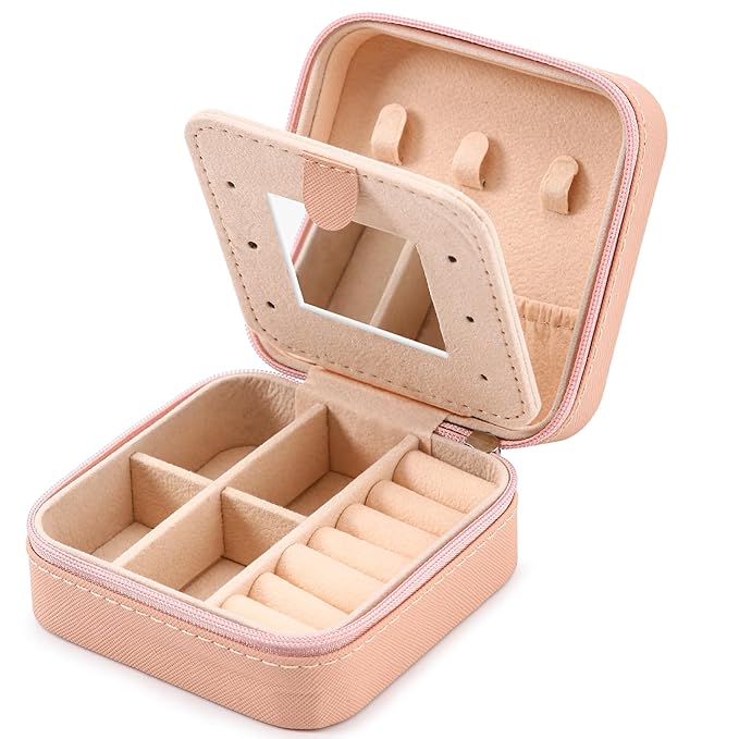 Neveika Jewelry Box with Mirror,Small Jewelry Organizer Box,Travel Jewelry Case for Women,Gift Jewelry Boxes for Female Girls (mirror pink)