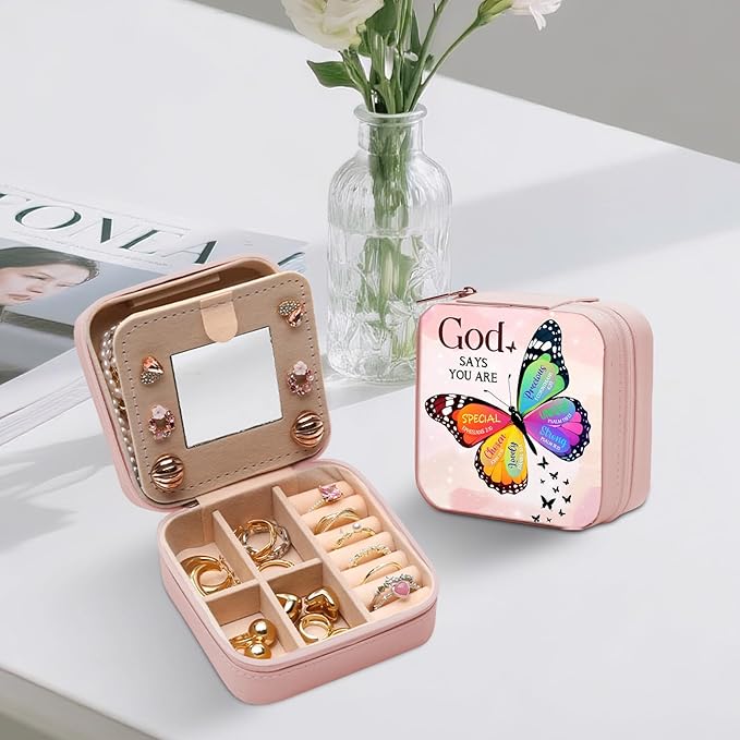GAOLZIUY Christian Gifts for Women Girls, Inspirational Religious Birthday Gifts Butterfly Travel Jewelry Box, Spiritual Catholic Faith Prayer Gift for Friends, Mom, Sister
