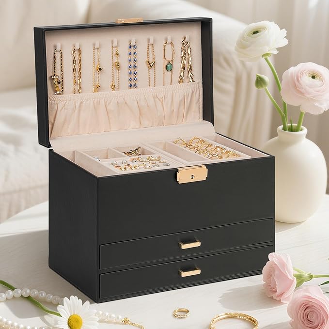 AKOZLIN Travel Jewelry Box Organizer Functional 2-trays Leather Jewelry Storage Case with Lockable Portable 2 Drawers for Women Girls Ring Necklace Earring Bracelet