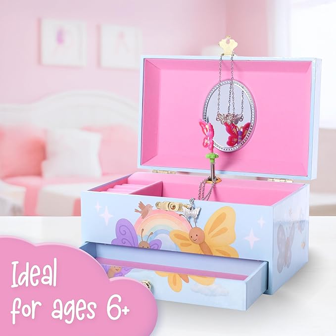 The Memory Building Co Butterfly Musical Jewelry Box Plays Classic Melody, Storage Organizer Music Box for Kids Ages 6-12, MDF Wood w/ 2 Fabric Lined Ring Bracelet Necklace Treasure Compartments