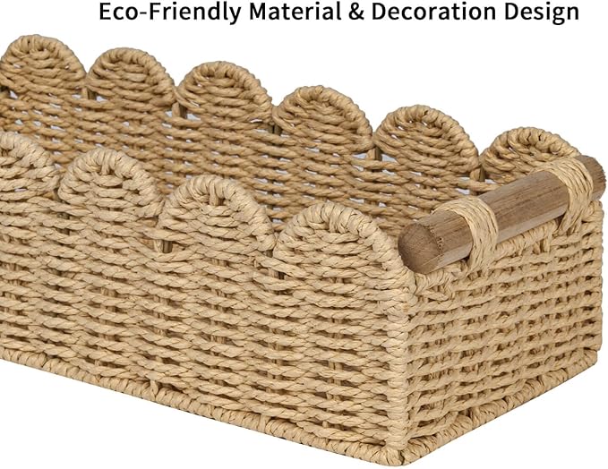 CubesLand Toilet Paper Storage Organizer Basket, Scalloped Decorative Baskets for Over Toilet Shelves, Wicker Small Basket Perfect for Home Countertop Storage & Decor, Living Room Shelf Decor, Beige