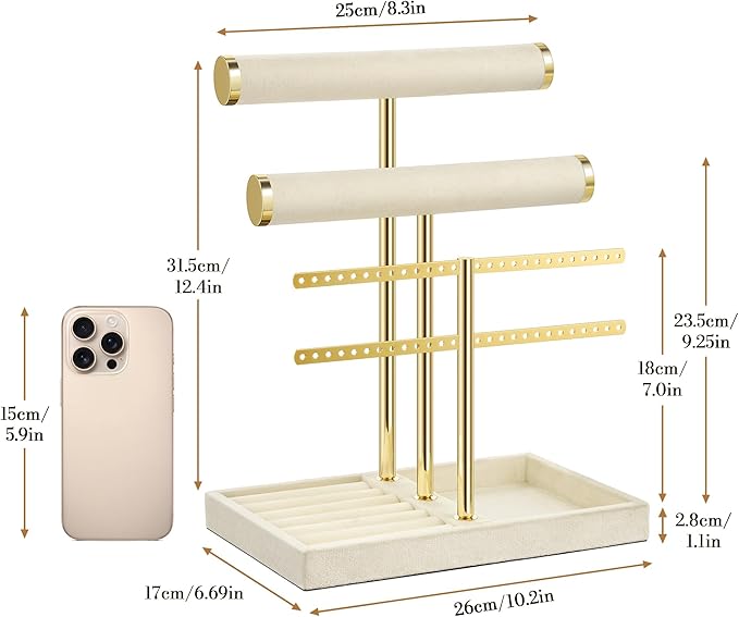 bussdis 3 Tier Bracelet Holder Display - Detachable T Bar Beige Velvet Bracelet Holder, Jewelry Holder Organizer for Bracelet, Necklace, Earrings, Rings
