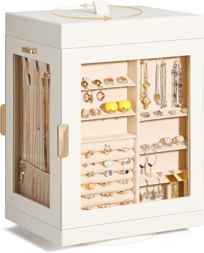 TidyStash 360° Rotating Jewelry Organizers and Storage, Large Jewelry Boxes for Women Necklace, Ring Earring Storage, Vertical Accessory Organizers and Storage, Cream White