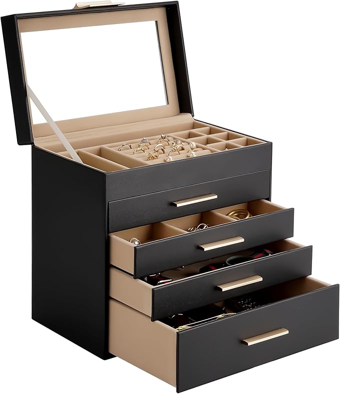 Somduy Jewelry Box, 5 Layers Jewelry Storage Display Box with Glass Lid for Women, 4 Drawers,Large Capacity for Necklace Earrings Bracelets Rings, Black