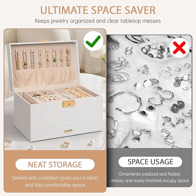 AKOZLIN Travel Jewelry Box Organizer Functional 2-trays Leather Jewelry Storage Case with Lockable Portable Drawer for Women Girls Ring Necklace Earring Bracelet