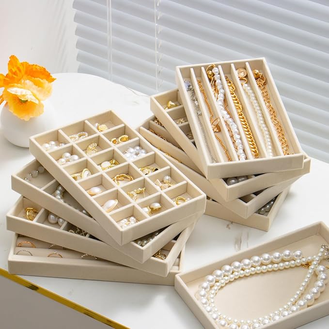 Stackable Jewelry Organizer Trays Set of 9, Small Velvet Jewelry Organizers Earring Necklace Ring Bracelet Display Case Storage for Drawer Dresser (Beige)