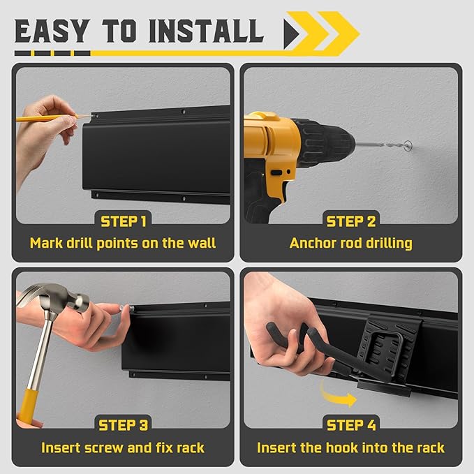 64" Garage Wall Organizer – 12 Longer & Thicker Hooks + 2 Straps, 900 Lbs Heavy Duty Steel Garden Tool Storage Rack & Garage Organization for Yard, Shed, Garage