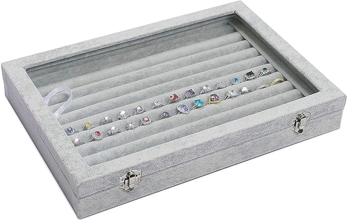 Jewelry Tray Ring Organizer Box with Clear Lid Velvet Tray for Jewelry Storage Display Case, 10 Slots Can Hold 100 Rings Earrings Dustproof Necklace Jewelry Box Organizer & Tray