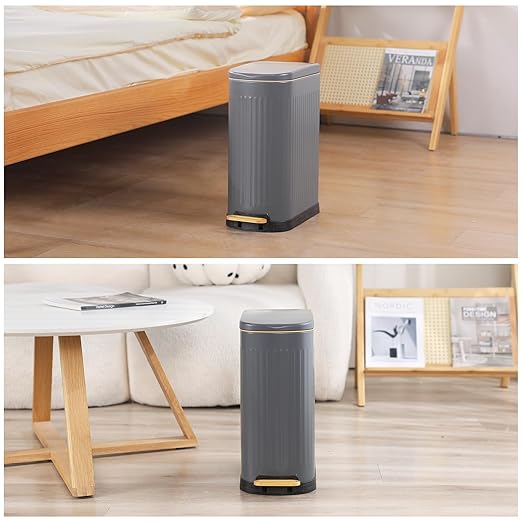 SYNCVIBE Slim Bathroom Trash Can with Soft Close Lid Stainless Steel Garbage Can Step Trash Bin with Removable Inner Bucket for Bedroom, Office, Kitchen (Matt Grey, 3.5 Gallons)
