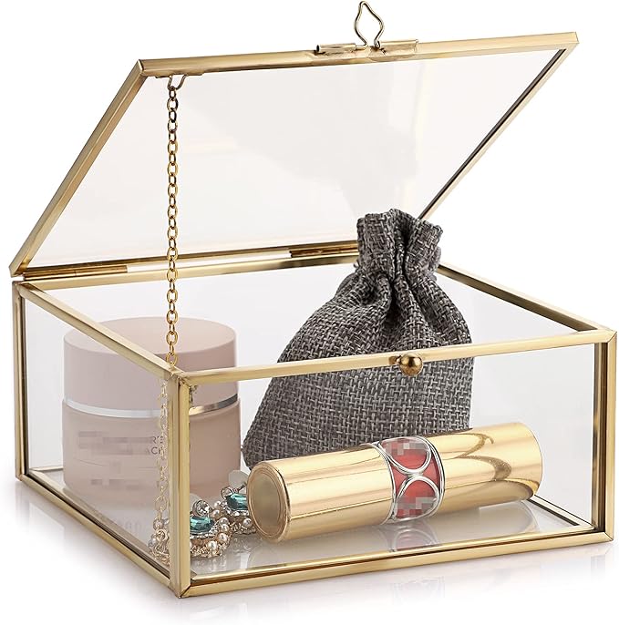 Hipiwe Vintage Glass Jewelry Organizer Box - Golden Metal Keepsake Box Desktop Jewelry Organizer Holder, Wedding Birthday Gift, Square Vanity Decorative Box for Dresser,Bathroom