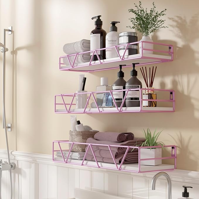 Amaoot Floating Shelves Set of 3, Home Wood Wall Shelf, Farmhouse Shelf for Bedroom, Wall Mounted Floating Shelf for Living Room, Bedroom, Bathroom, Kitchen, Office (Pink)