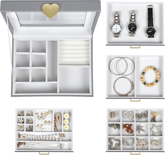 Kendal Jewelry Box, 5-Layer Jewelry Organizer Box with Glass Lid, Gray, Heart Shaped PU Leather, Storage Box for Necklace Earrings Rings Bracelets, Gift Idea for Girls LJC4DRGY