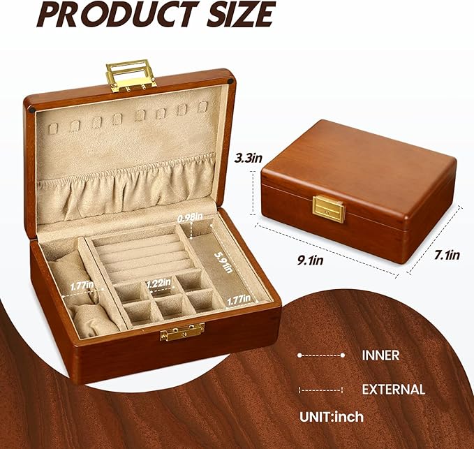 Wooden Jewelry Box with Lock, Double Layer Solid Walnut Wood Jewelry Organizer with Key Velvet Lining for Earrings Rings Necklaces Bracelets Cufflink Pendants Gift Idea Men Women