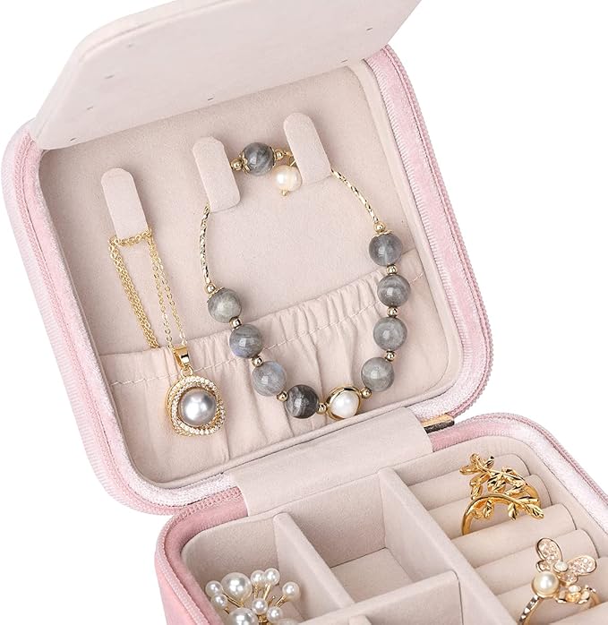 Vlando Small Travel Jewelry Box Organizer Display Case for Rings Earrings Necklaces Storage, Selected Soft Velvet, Letter J Engraved, Pink