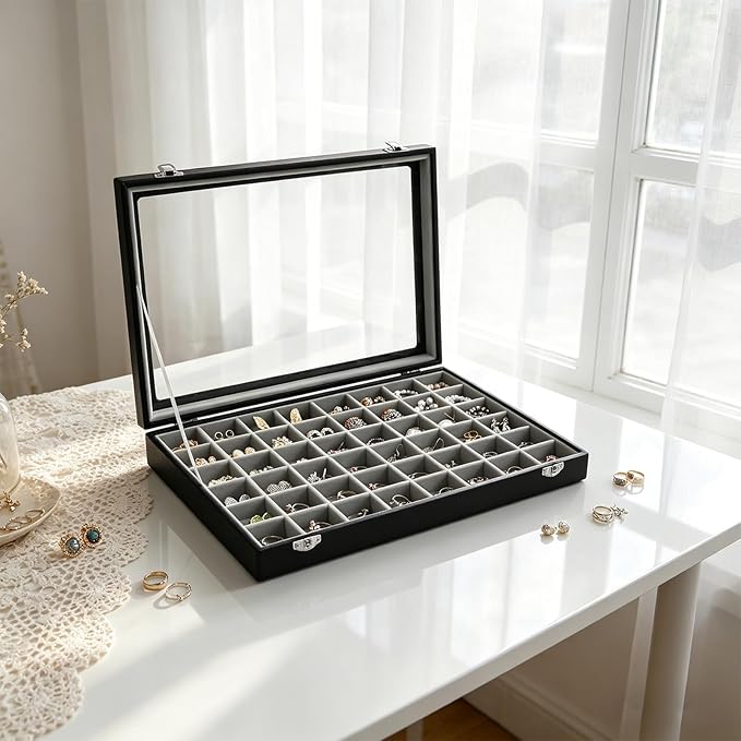 Stratalife Jewelry Organizer 48 Grid Jewelry Tray with Clear Lid Dust-proof Velvet Earring Organizer Necklace Rings Holder Display Drawer Storage Case for Women Gray Black