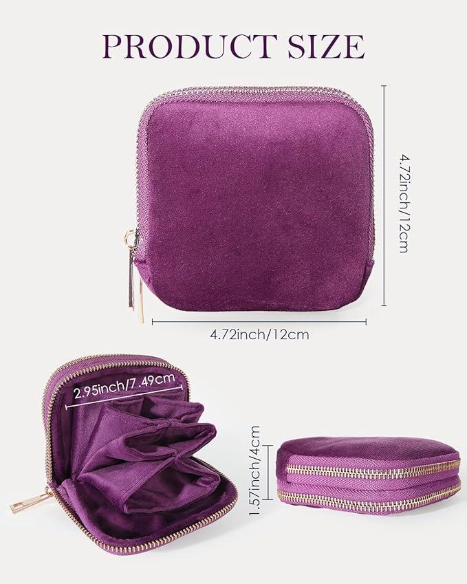 COOLYOUTH Travel Jewelry Case Organizer for Women Portable Jewelry Box with Small Pouches Mini Jewelry Bag for Rings, Bracelets, & Bangles with Smooth Metal Zipper (Plum Purple)