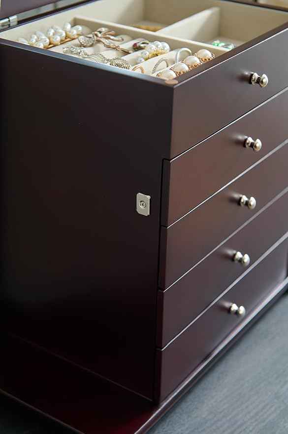 Brown 5 Layer Jewelry Box for Women,Top With Mirror Wooden Jewelry Organizer,With 8 Hook And Velvet Lining Large Jewelry Storage,For Watch Necklace Ring Earring Storage Gifts