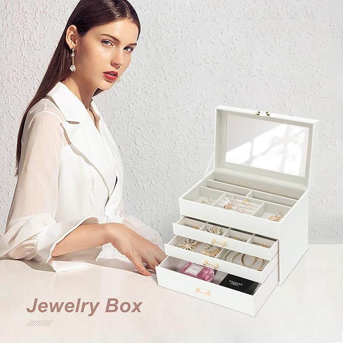 Jewelry Box with Mirror,Jewelry Holder Organize with 3 Drawer,4-Layer Jewelry Box for Women Girls,Large Jewelry Storage Box. (White