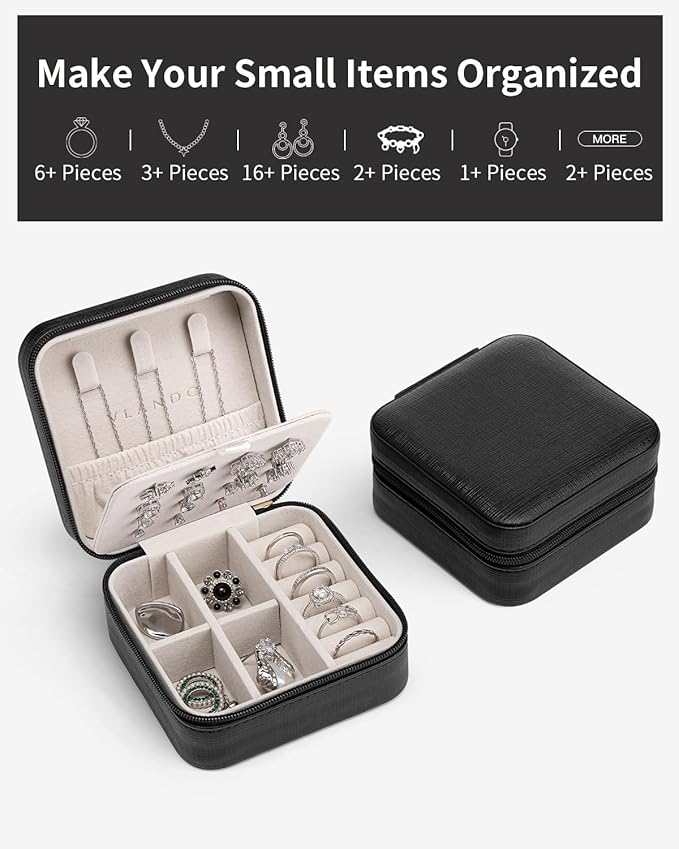 VLANDO Travel Jewelry Case, Small Travel Jewelry Organizer Box for Girls Women - Black