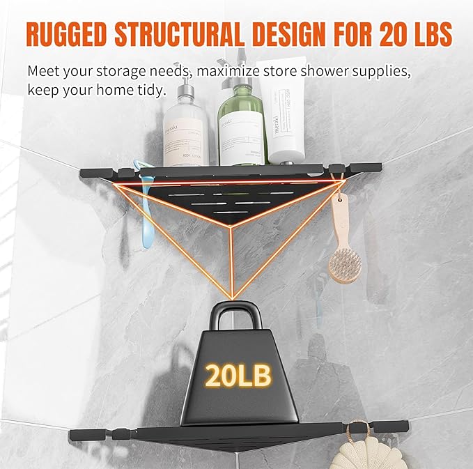 Permanent Tile-in Corner Shower Shelves with Hooks, Modern 304 Stainless Steel Shower Caddy for Bathroom Renovation & Hotel, Heavy Duty No-Drill Grout Mount Organizer for Tile Wall,10", 2 Pack