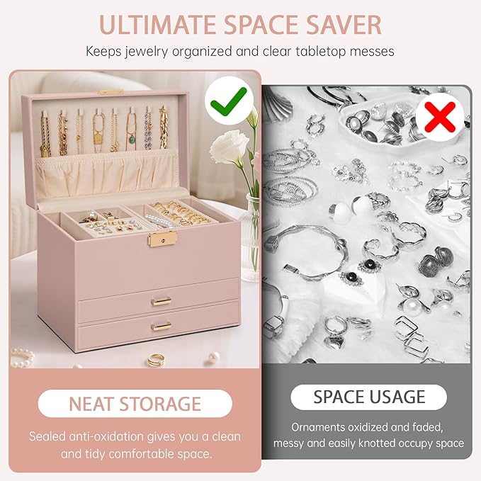 AKOZLIN Travel Jewelry Box Organizer Functional 2-trays Leather Jewelry Storage Case with Lockable Portable 2 Drawers for Women Girls Ring Necklace Earring Bracelet